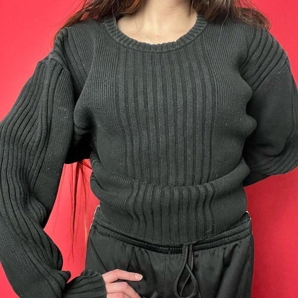 Black Ribbed Crewneck Sweater - Women
